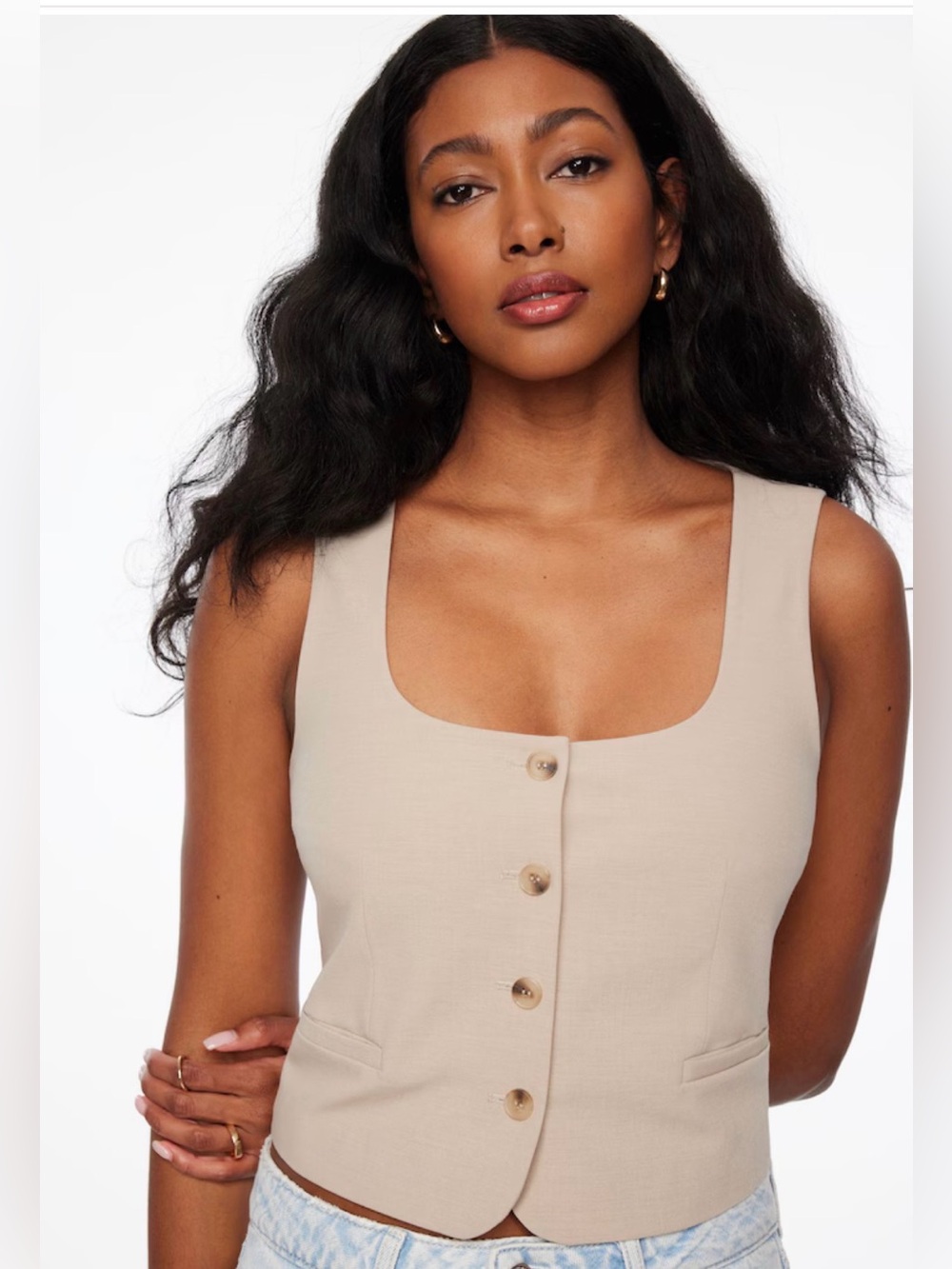 Dynamite Beige Button Front Sleeveless Vest Top